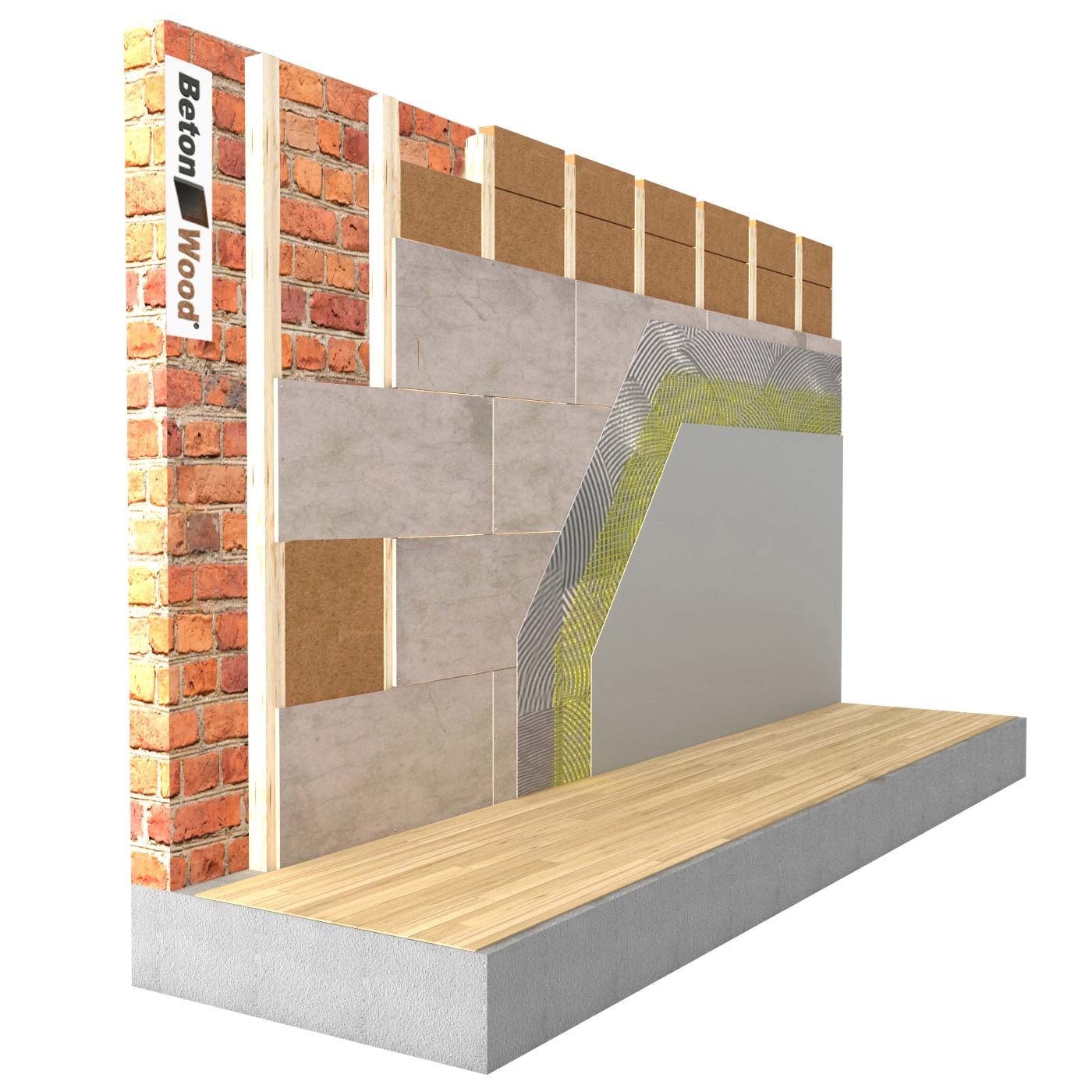 Internal insulation system with fiber wood FiberTherm and cement bonded particle board on masonry
