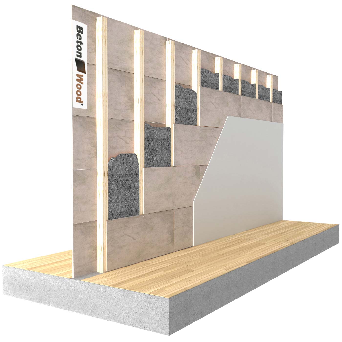 Internal partitions with cellulose flakes Floc and cement bonded particle board